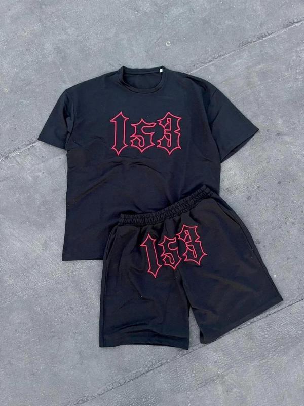 Erkek Nakış İşlemeli Şortlu Takım - Siyah - Image 1