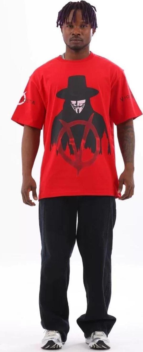 Unisex Oversize Baskılı Bisiklet Yaka T-Shirt - Kırmızı - Image 1