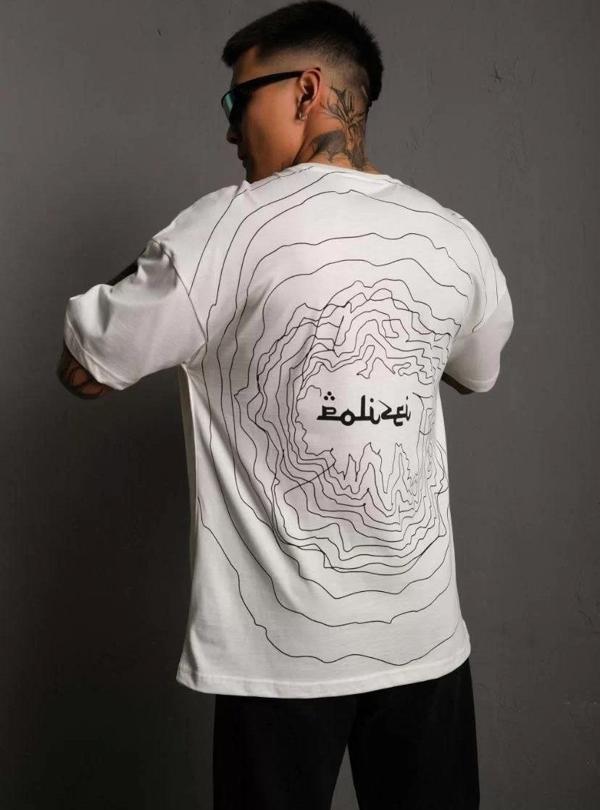 Erkek Bisiklet Yakalı Sırt Baskılı Oversize T-Shirt - Beyaz - Image 1