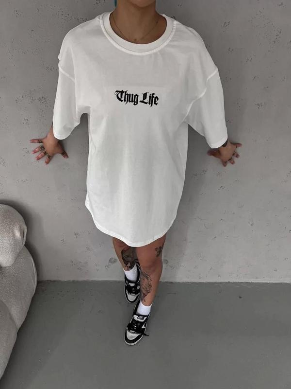 Unisex Bisiklet Yaka Baskılı Oversize T-Shirt - Beyaz - Image 1