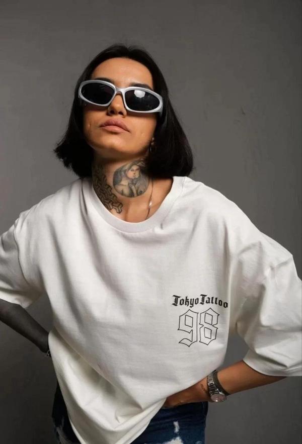 Unisex Bisiklet Yaka Baskılı Oversize T-Shirt - Beyaz - Image 1