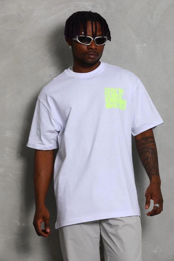 Unisex Oversize Baskılı Bisiklet Yaka T-Shirt - Beyaz - Image 1