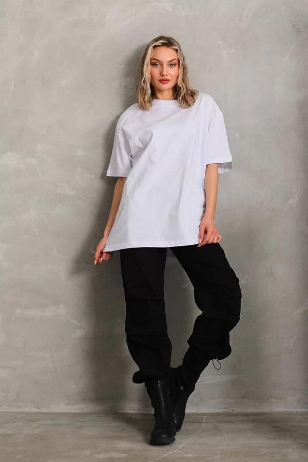 Unisex Bisiklet Yaka 20/1 Düz Oversize T-Shirt - Beyaz - Image 1