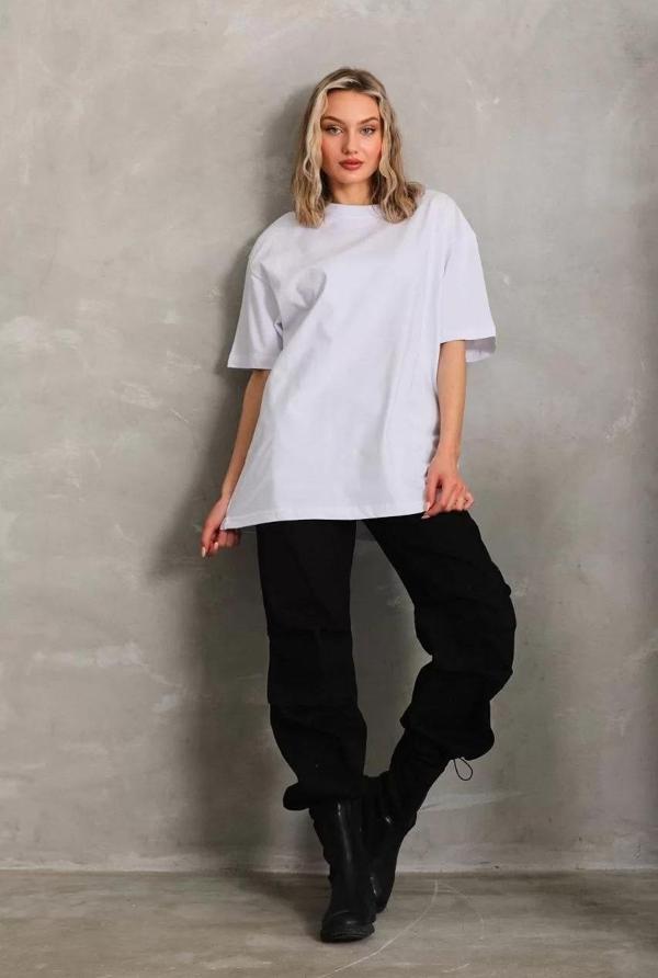 Unisex Bisiklet Yaka 20/1 Düz Oversize T-Shirt - Beyaz - Image 1