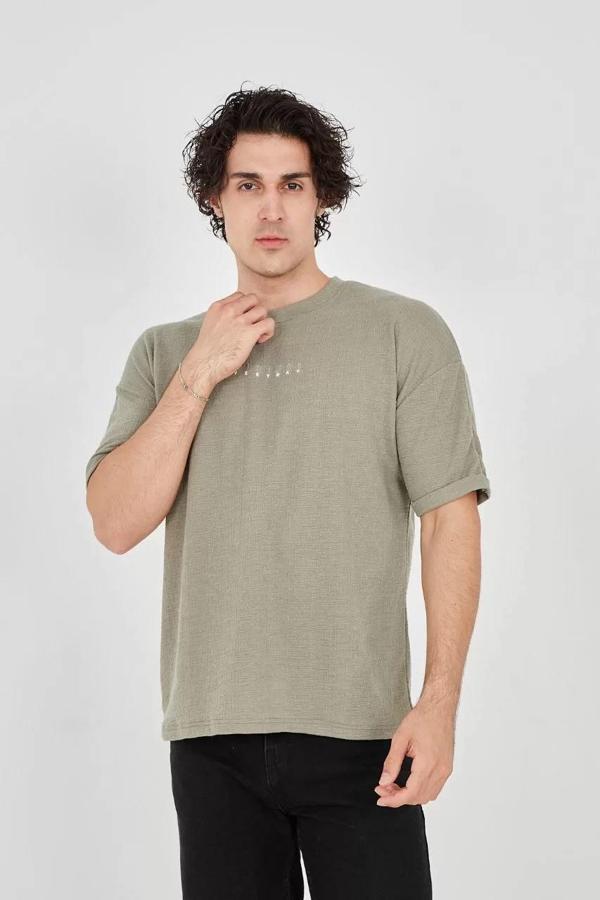 Unisex Jakar Kumaş Rahat Kol T-Shirt - Açık Yeşil - Image 1