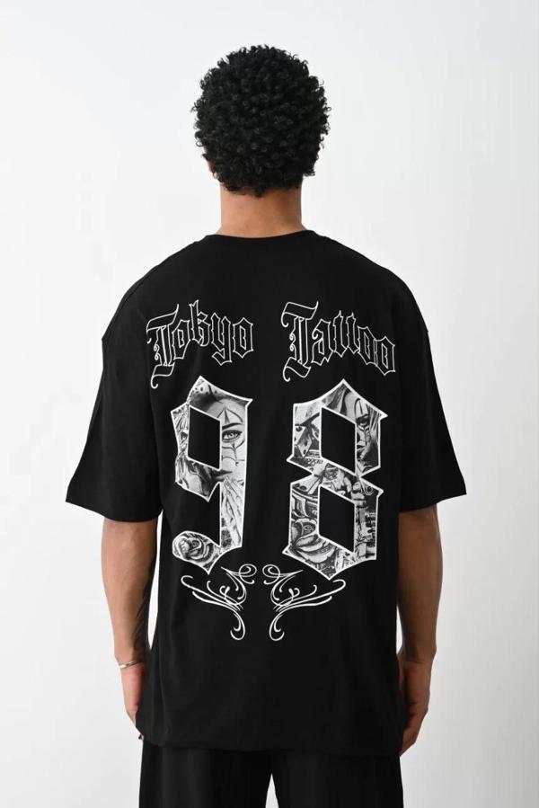 Unisex Baskılı Oversize T-Shirt - Siyah - Image 1