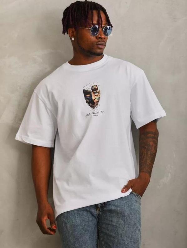 Unisex Oversize Baskılı Bisiklet Yaka T-Shirt - Beyaz - Image 1