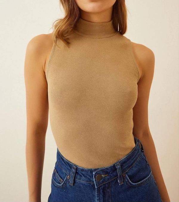Kadın Full Likralı Fitilli Kaşkorse Body - Camel - Image 1