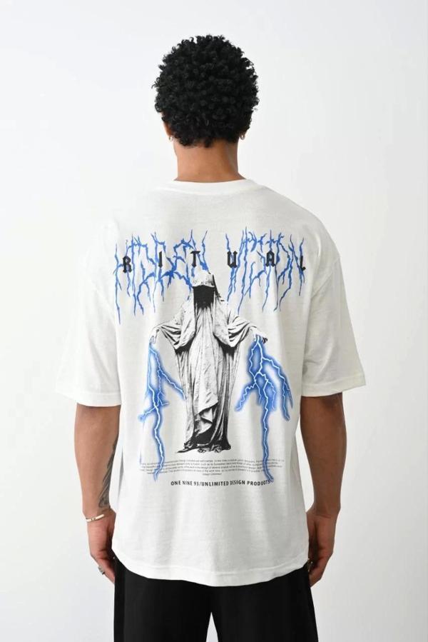 Unisex Baskılı Oversize T-Shirt - Beyaz - Image 1