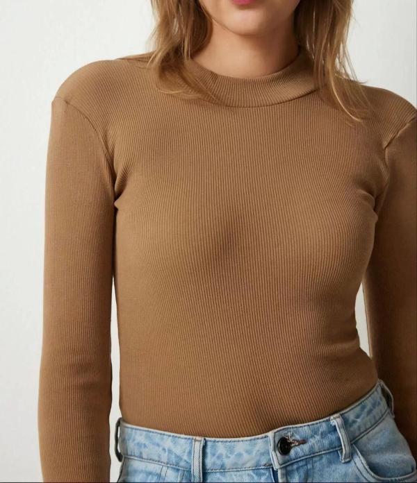 Kadın Full Likralı Fitilli Kaşkorse Body - Kahve - Image 1