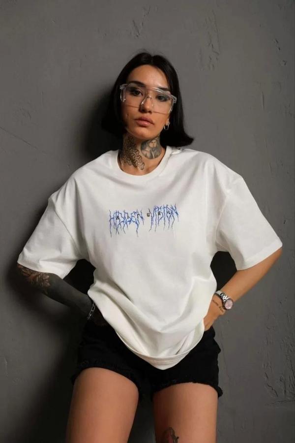 Unisex Bisiklet Yaka Baskılı Oversize T-Shirt - Beyaz - Image 1
