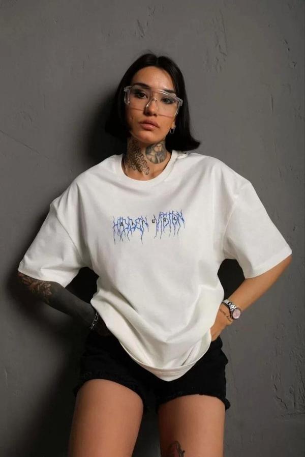 Unisex Bisiklet Yaka Baskılı Oversize T-Shirt - Beyaz - Image 1