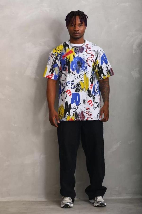 Unisex Oversize Baskılı Bisiklet Yaka T-Shirt - Beyaz - Image 1