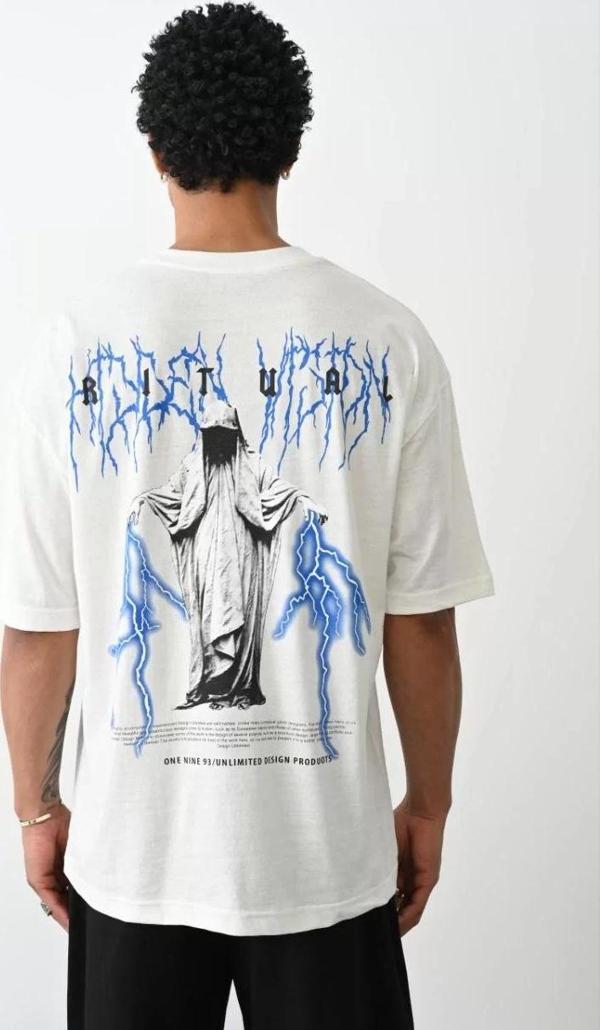 Unisex Baskılı Oversize T-Shirt - Beyaz - Image 1