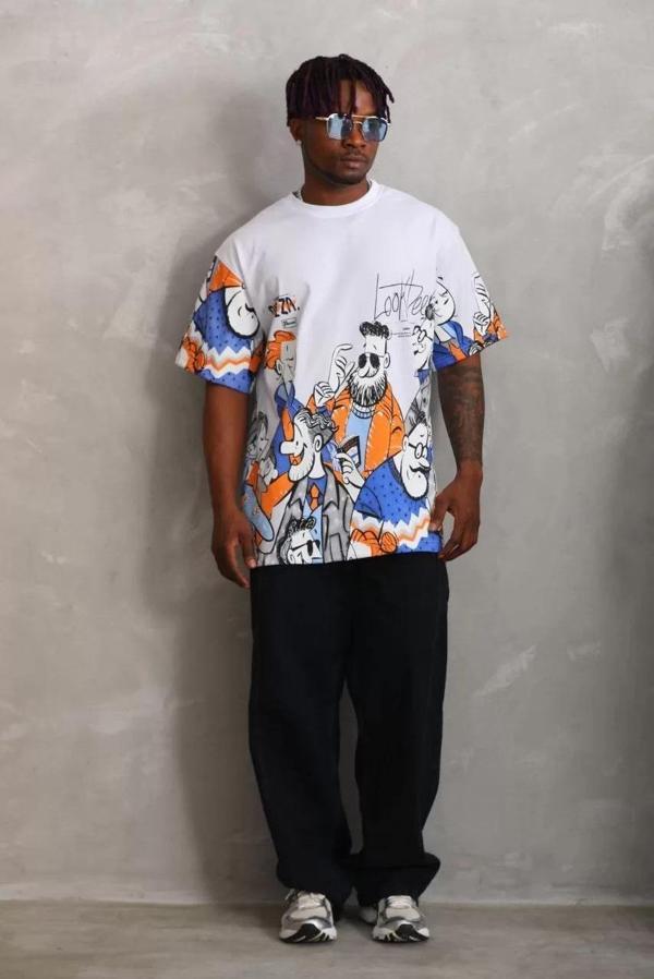 Unisex Oversize Baskılı Bisiklet Yaka T-Shirt - Beyaz - Image 1