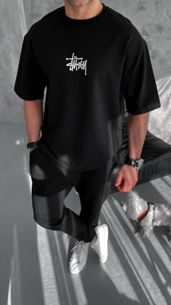 Unisex Bisiklet Yaka Baskılı Oversize T-Shirt - Siyah - Image 1