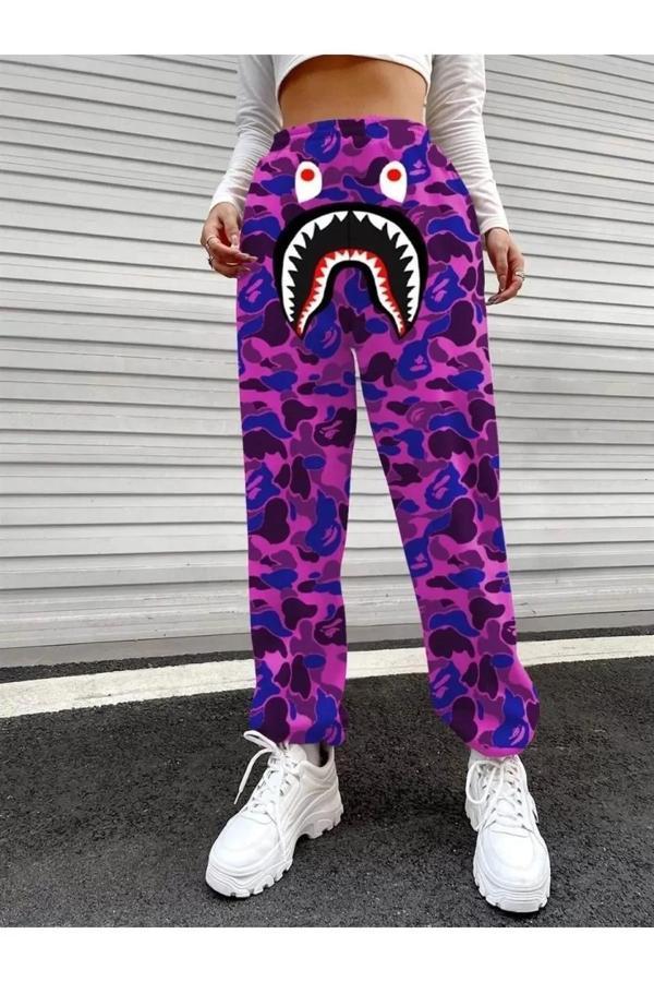 Unisex Pubg Bape x Shark Eşofman Altı - Mor - Image 1