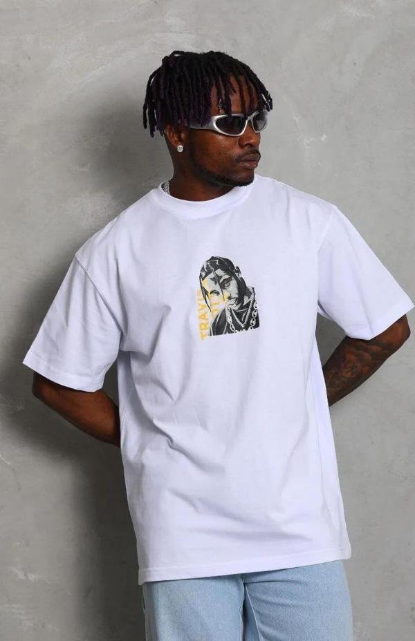 Unisex Oversize Baskılı Bisiklet Yaka T-Shirt - Beyaz - Image 1