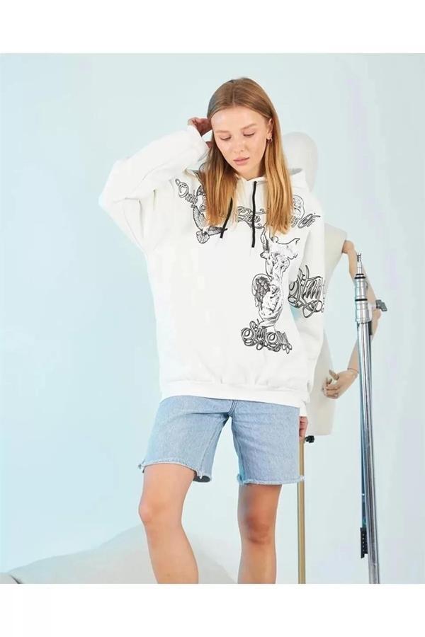 Kadın Kapüşonlu Strong Heykel Baskılı Sweatshirt - Beyaz - Image 1