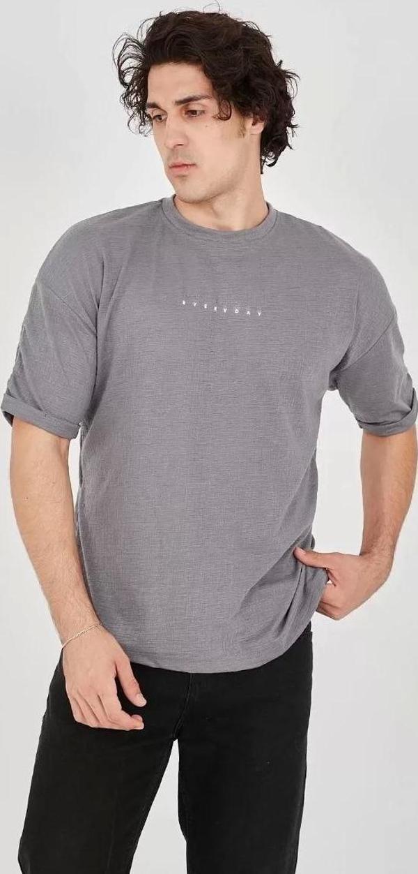 Unisex Jakar Kumaş Rahat Kol T-Shirt - Gri - Image 1