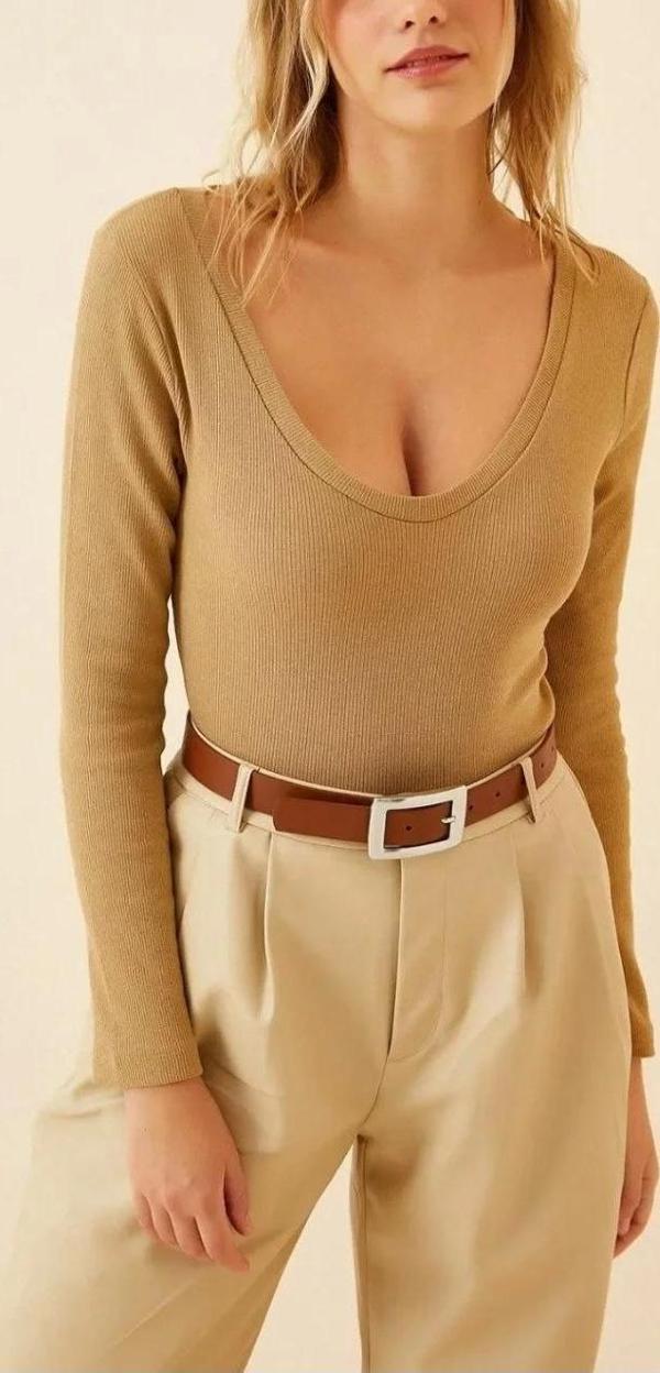 Kadın Fitilli Likralı Body Crop - Camel - Image 1