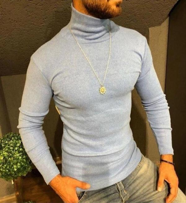 Erkek Kaşkorse Boğazlı Full Likralı Fitilli Body Kazak - Gri - Image 1