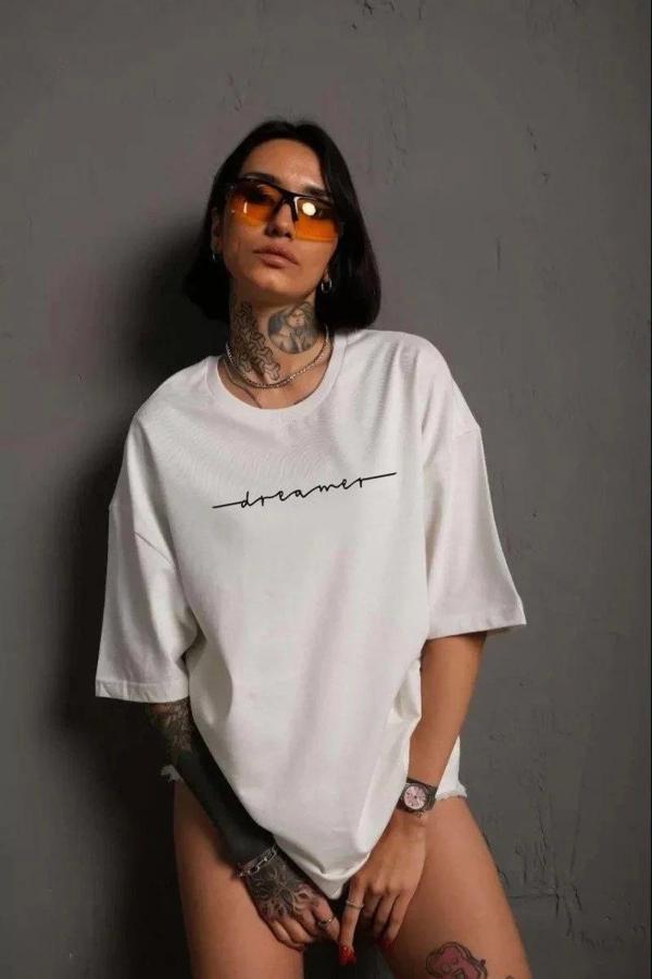 Unisex Kadın Bisiklet Yaka Baskılı T-Shirt - Beyaz - Image 1