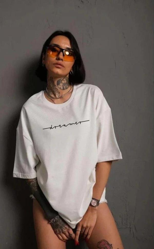 Unisex Kadın Bisiklet Yaka Baskılı T-Shirt - Beyaz - Image 1