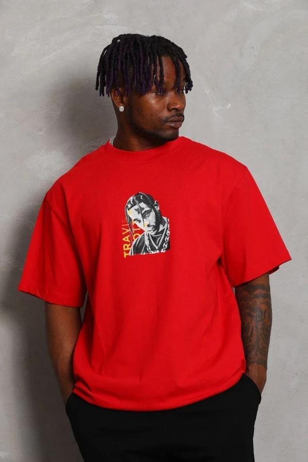 Unisex Oversize Baskılı Bisiklet Yaka T-Shirt - Kırmızı - Image 1