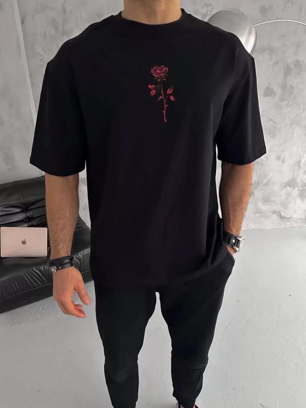 Unisex Bisiklet Yaka Baskılı Oversize T-Shirt - Siyah - Image 1