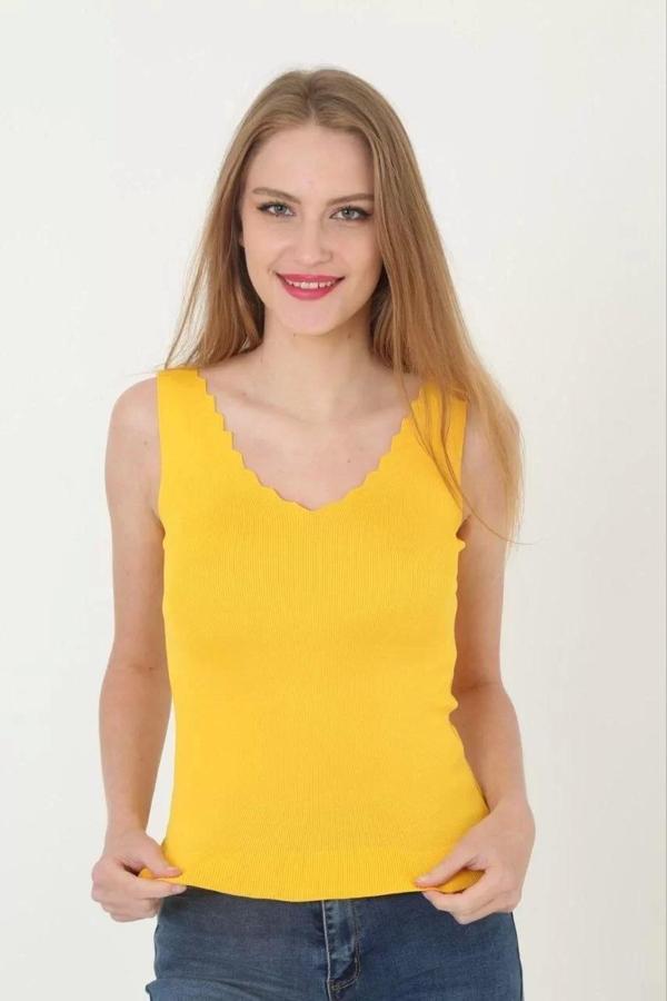 Kadın V Yaka Fırfır Detay Crop - Sarı - Image 1
