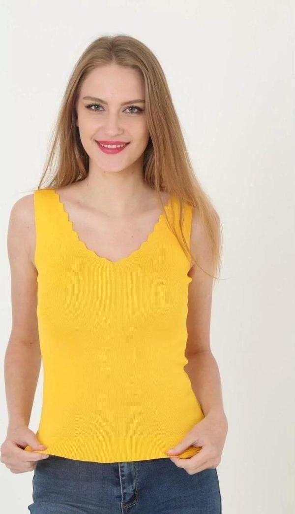Kadın V Yaka Fırfır Detay Crop - Sarı - Image 1
