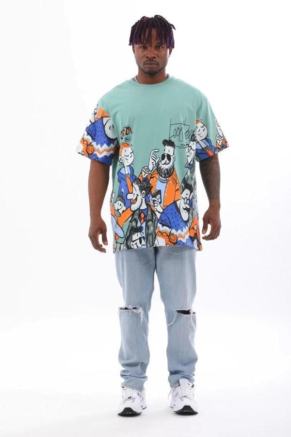 Unisex Oversize Baskılı Bisiklet Yaka T-Shirt - Mint Yeşili - Image 1