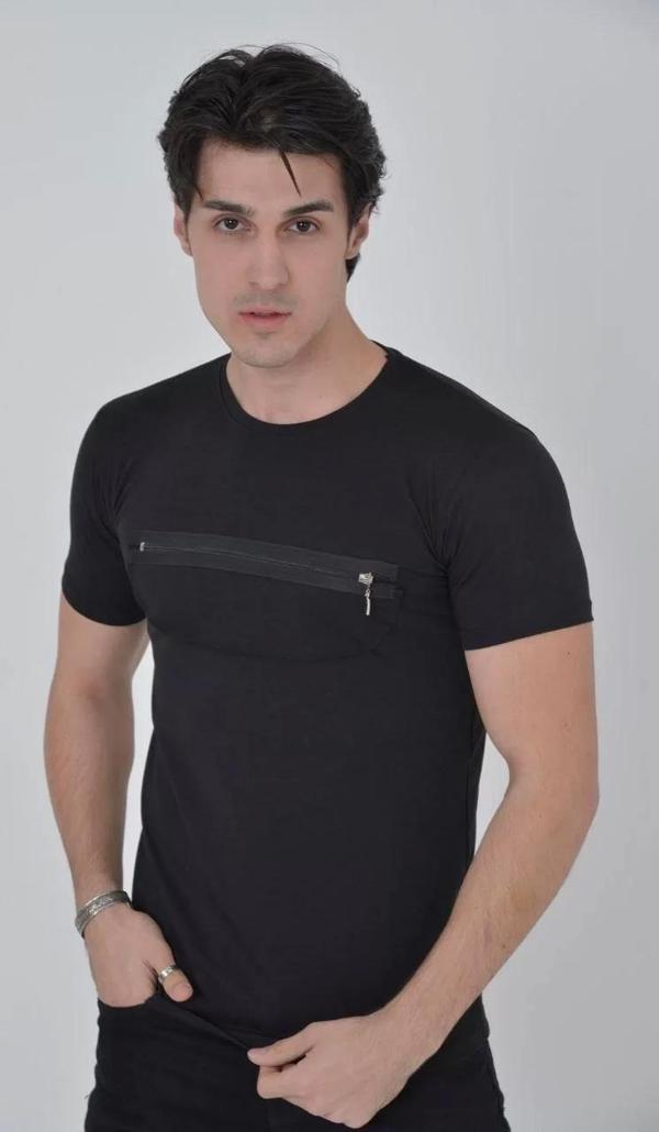 Erkek Göğüste Fermuar Aksesuarlı Dar Kalıp T-Shirt - Siyah - Image 1