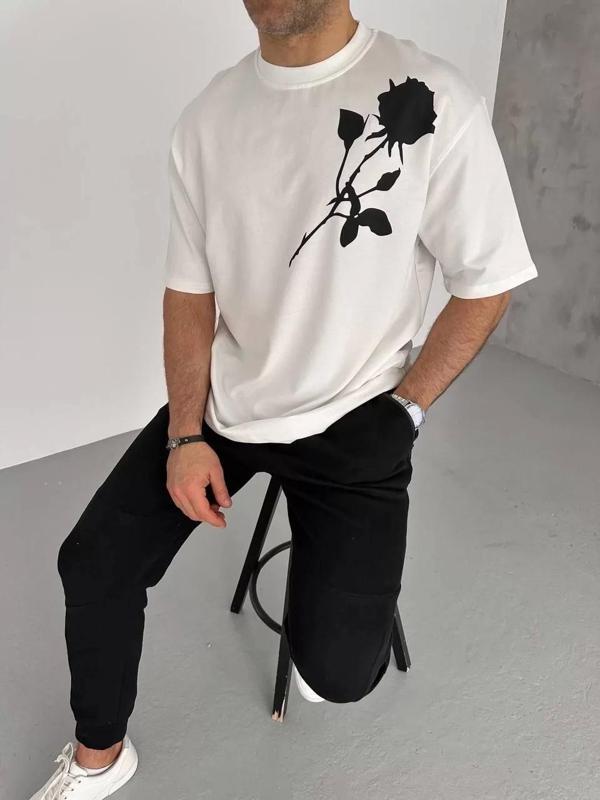 Unisex Bisiklet Yaka Baskılı Oversize T-Shirt - Beyaz - Image 1
