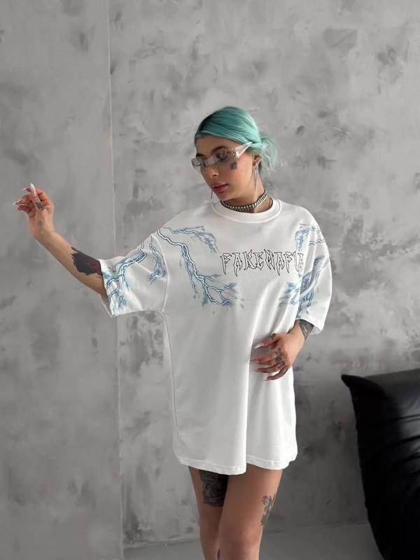 Unisex Bisiklet Yaka Baskılı Oversize T-Shirt - Beyaz - Image 1