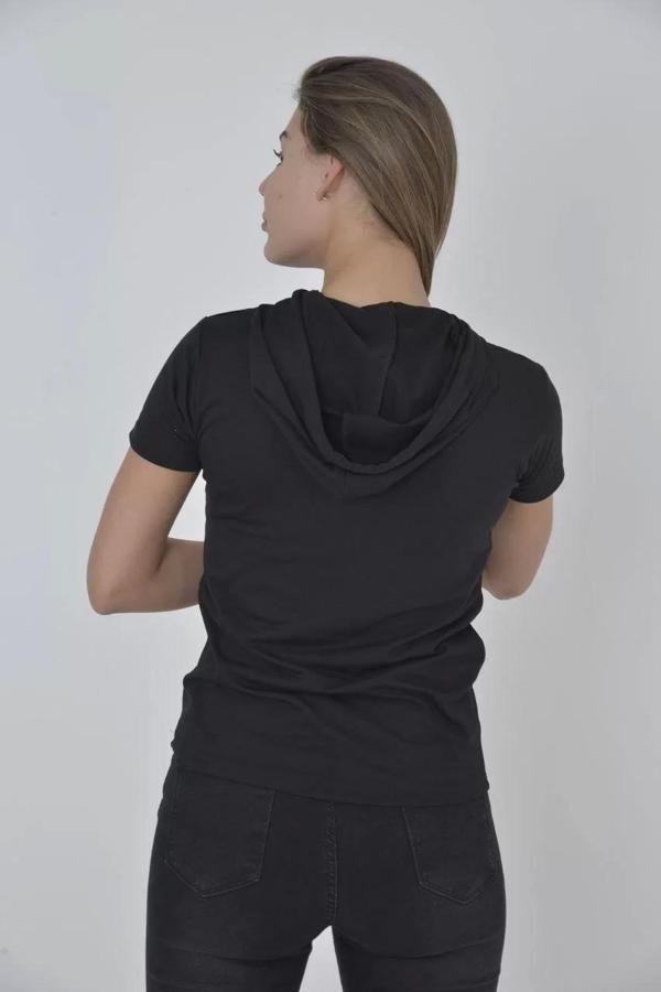 Kadın Kapşonlu Slim Fit T-shirt - Siyah - Image 1