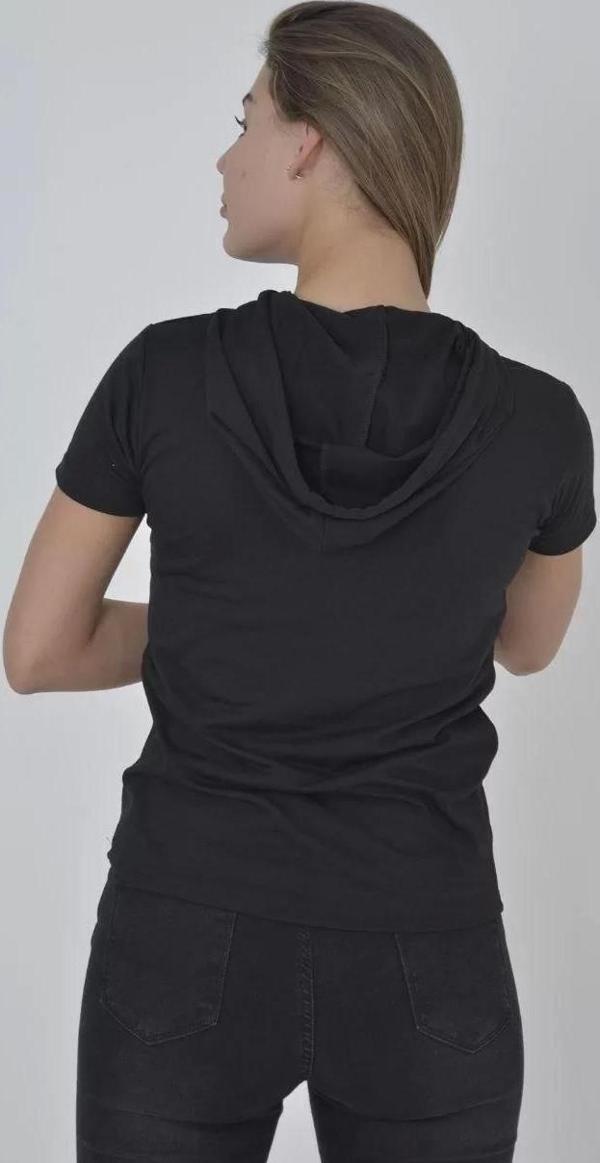 Kadın Kapşonlu Slim Fit T-shirt - Siyah - Image 1