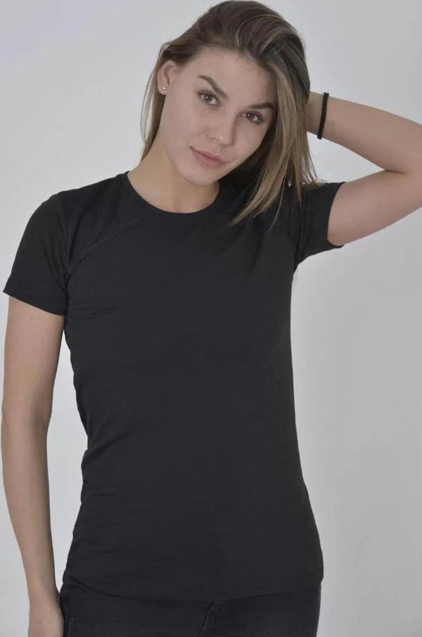 Kadın Omuz Fileli Slim Fit T-shirt - Siyah - Image 1