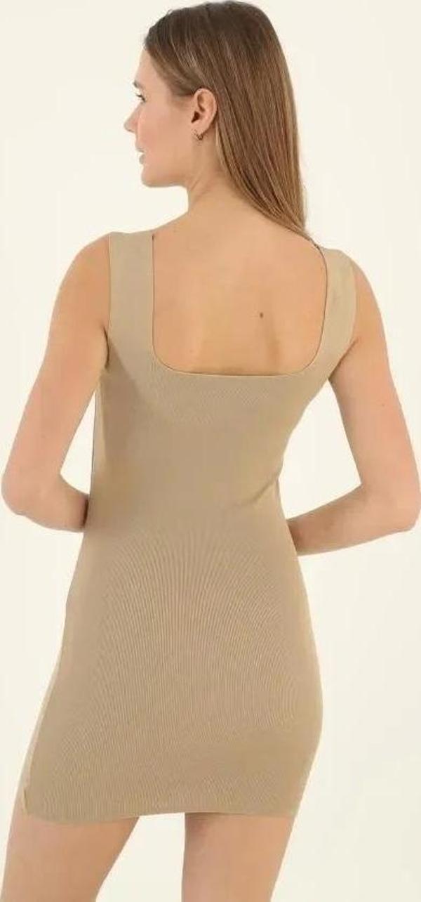 Kadın Kare Yaka Midi Boy Likralı Polelit Elbise - Bej - Image 1