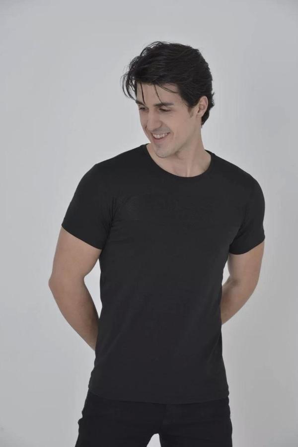Erkek Gögüs Fileli Slim fit T-shirt - Siyah - Image 1