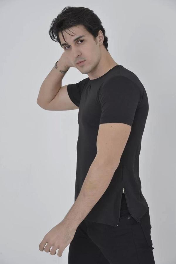 Erkek Yandan Fermuarli Slim fit T-shirt - Siyah - Image 1