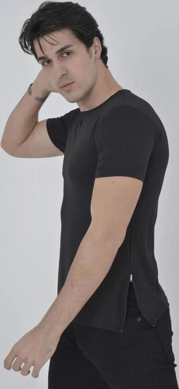Erkek Yandan Fermuarli Slim fit T-shirt - Siyah - Image 1
