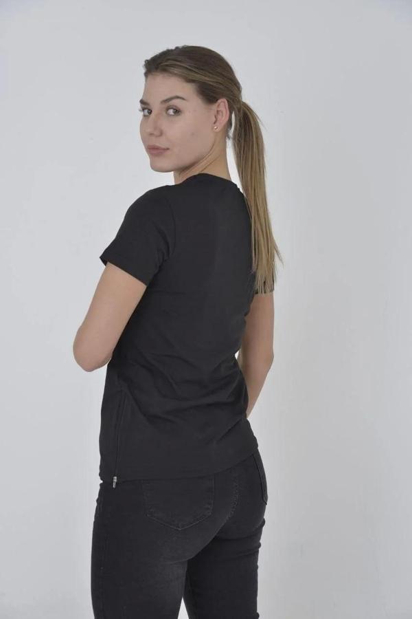 Kadın Yandan Fermuarli Slim fit T-shirt - Siyah - Image 1