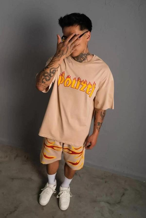 Erkek Alev Baskılı İkili Şortlu Takım - Bej - Image 1