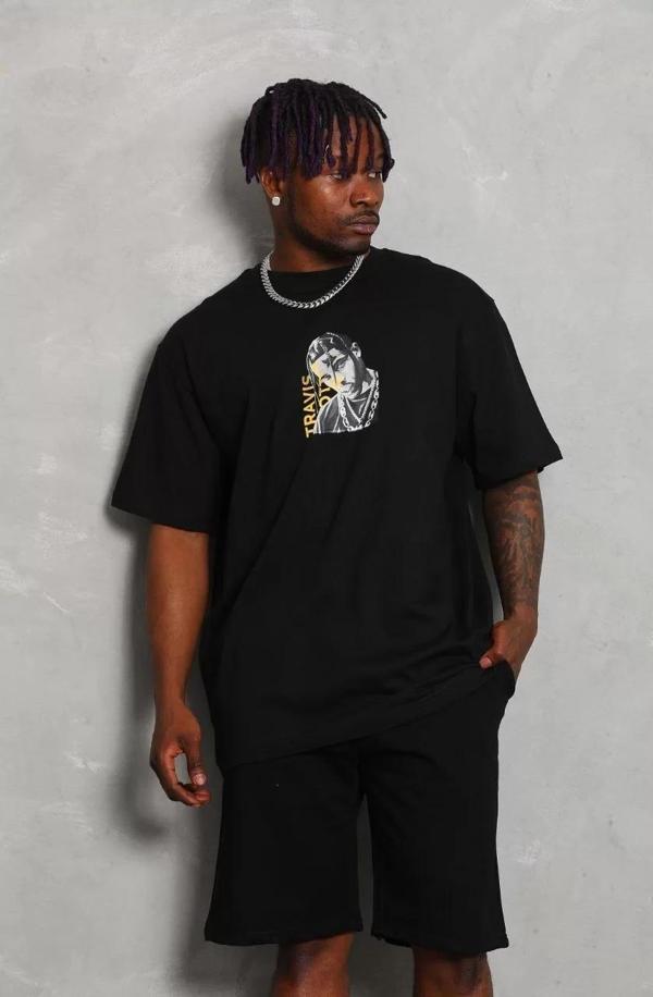 Unisex Oversize Baskılı Bisiklet Yaka T-Shirt - Siyah - Image 1