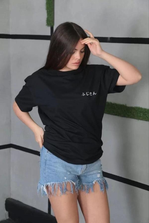 Unisex Bisiklet Yaka Baskılı Oversize T-Shirt - Siyah - Image 1