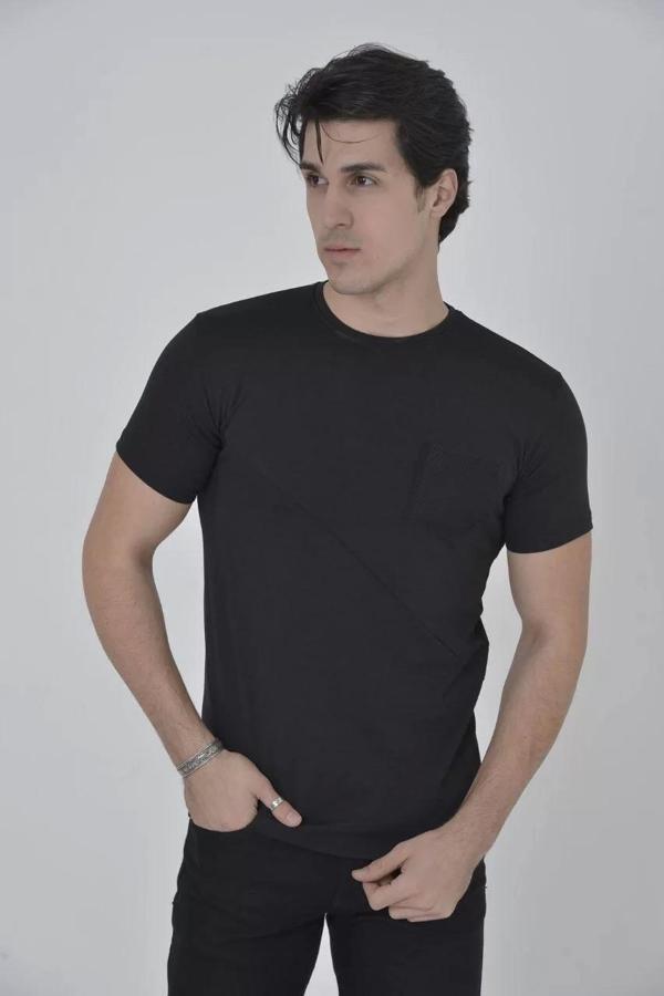 Erkek File Cepli Slim fit T-shirt - Siyah - Image 1