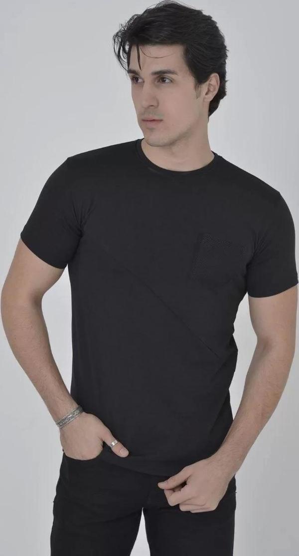 Erkek File Cepli Slim fit T-shirt - Siyah - Image 1