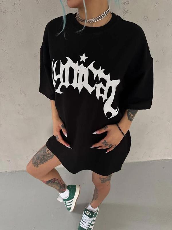 Unisex Bisiklet Yaka Baskılı Oversize T-Shirt - Siyah - Image 1